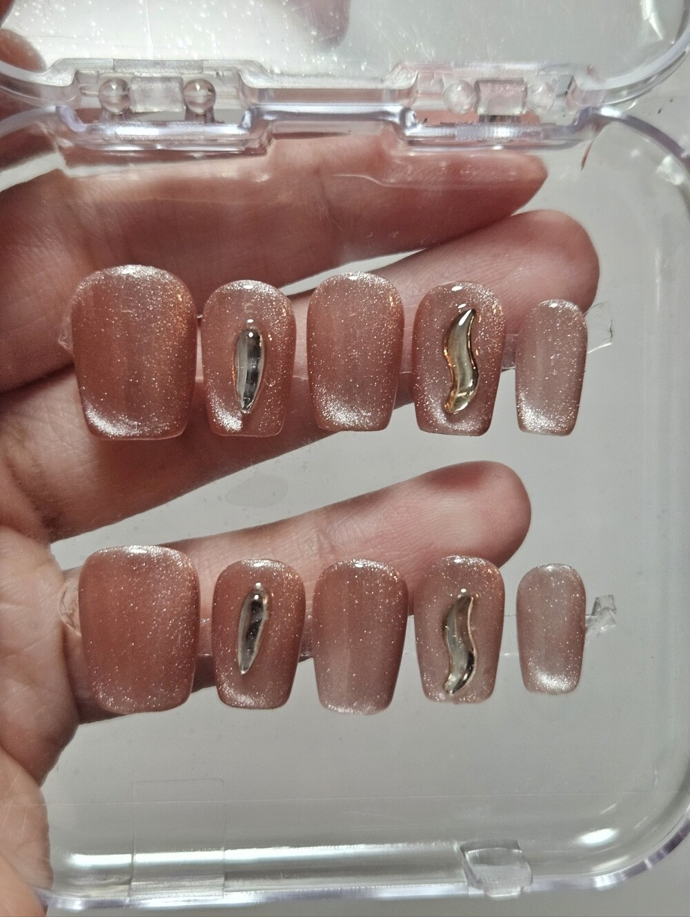 Handcrafted Nude Pink Glitter Press-On Nails with Gold Accent